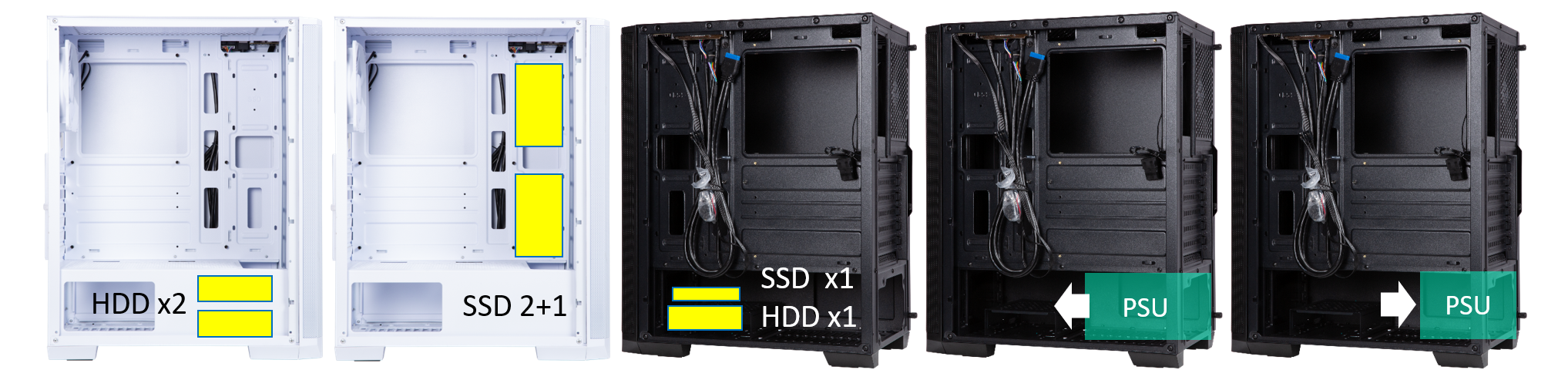 NOVA MESH SE TG black cases and NOVA MESH SE TG white cases sgiw different configurations of hard drives and PSU position